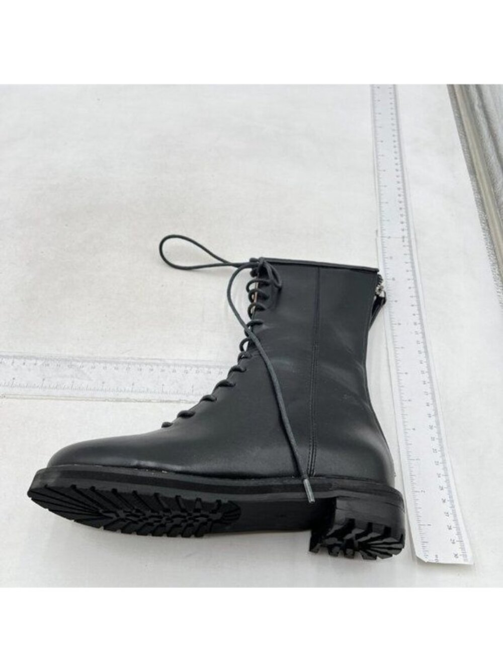 Women's Round Toe Leather Lace up Ankle Cuff Low Heel Combat Boots Black